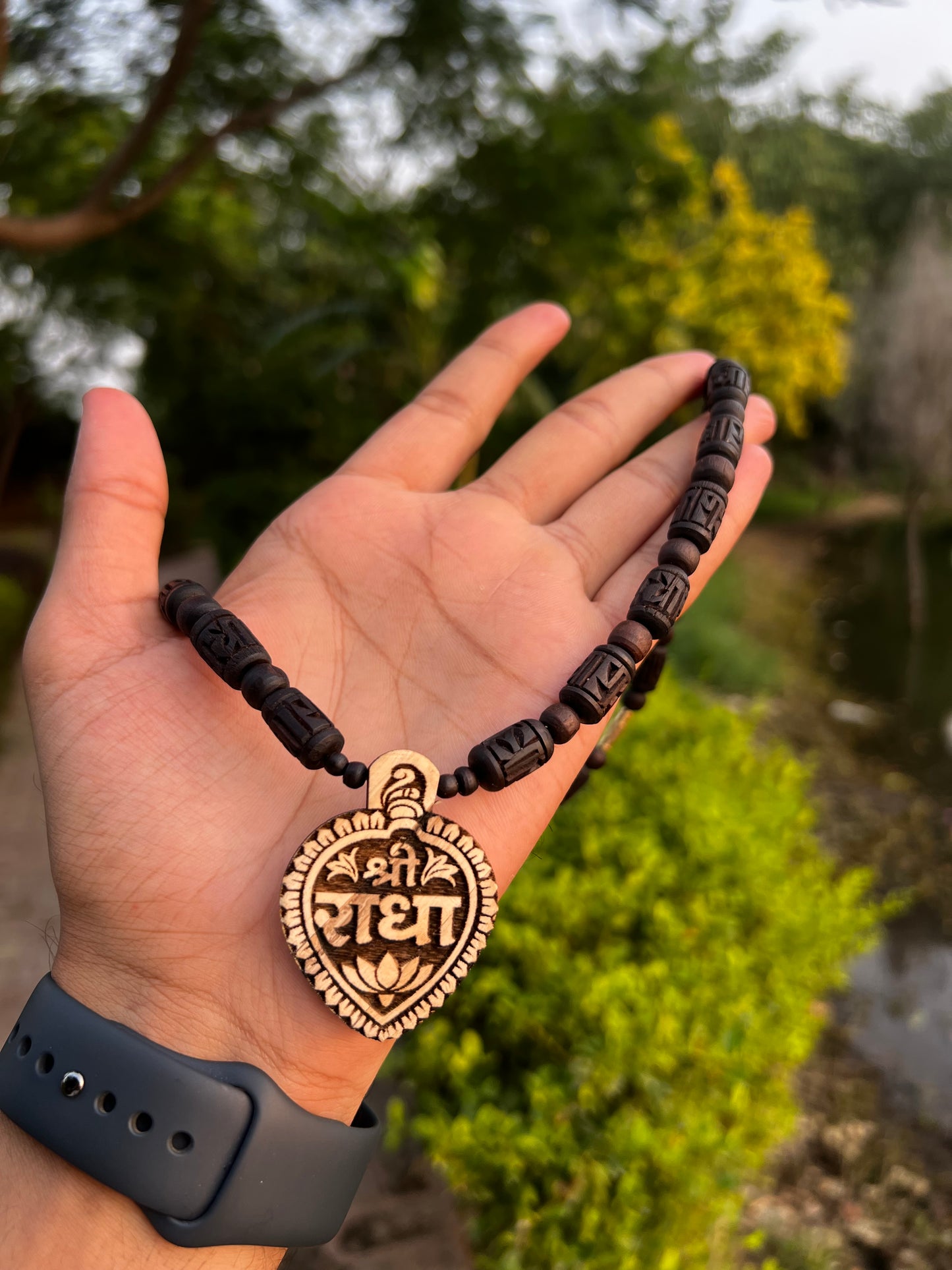 Brown Radha Name Beads Mala & Radha Tulsi Locket ( 22inch