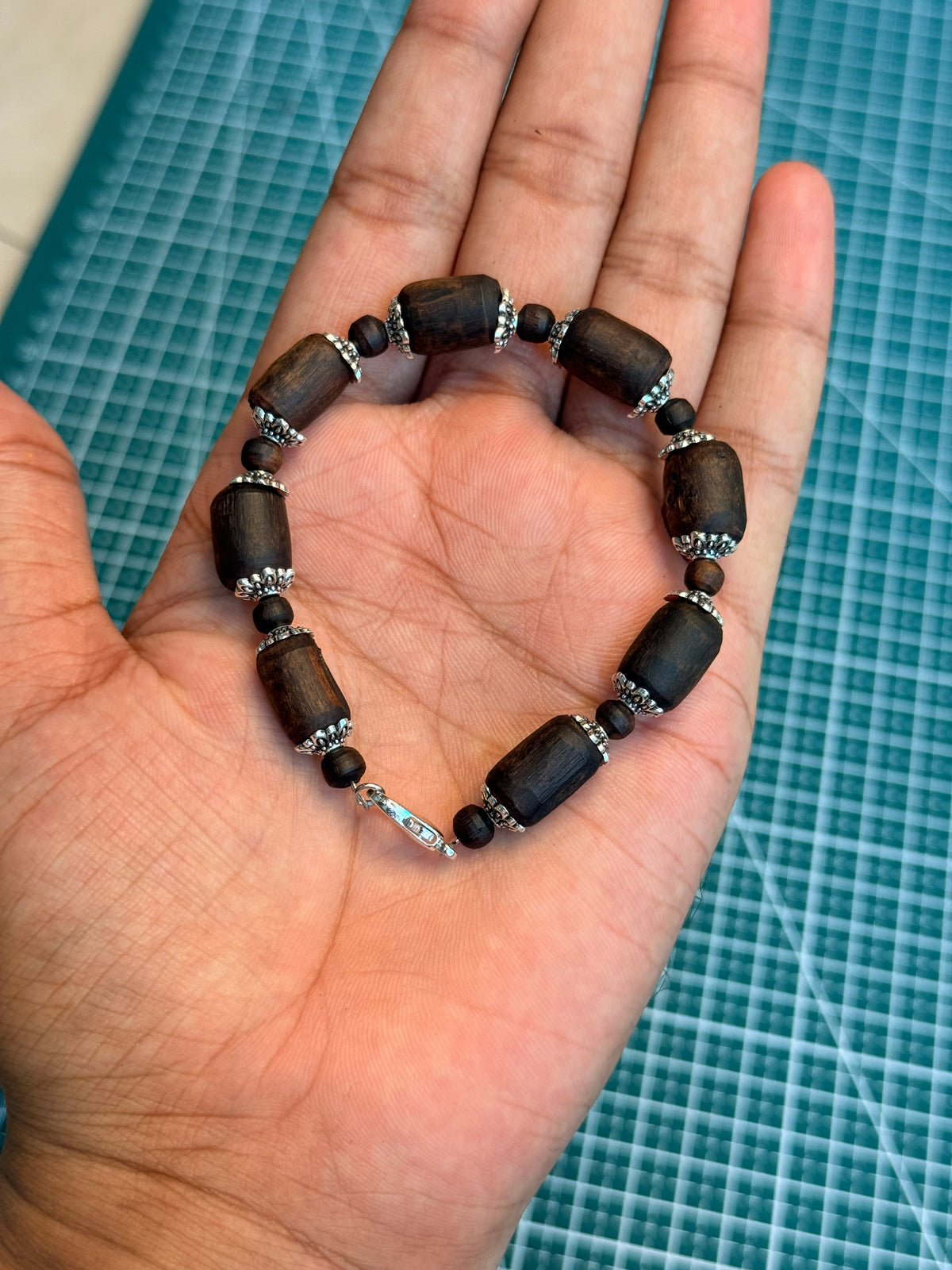 Tulsi Hand Bracelet Black Long Beads & German Silver Caps