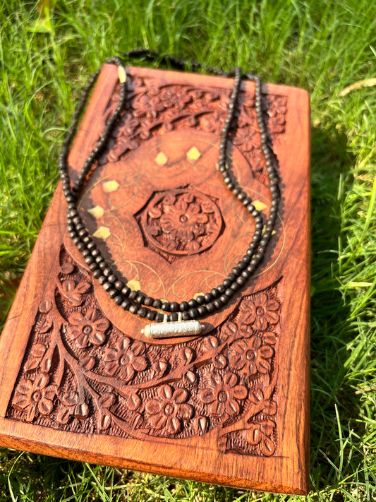 Silver Kavch Fill With Brajraj and Round beads Black Tulsi Kanthi Mala 2 Rounds (32inch )