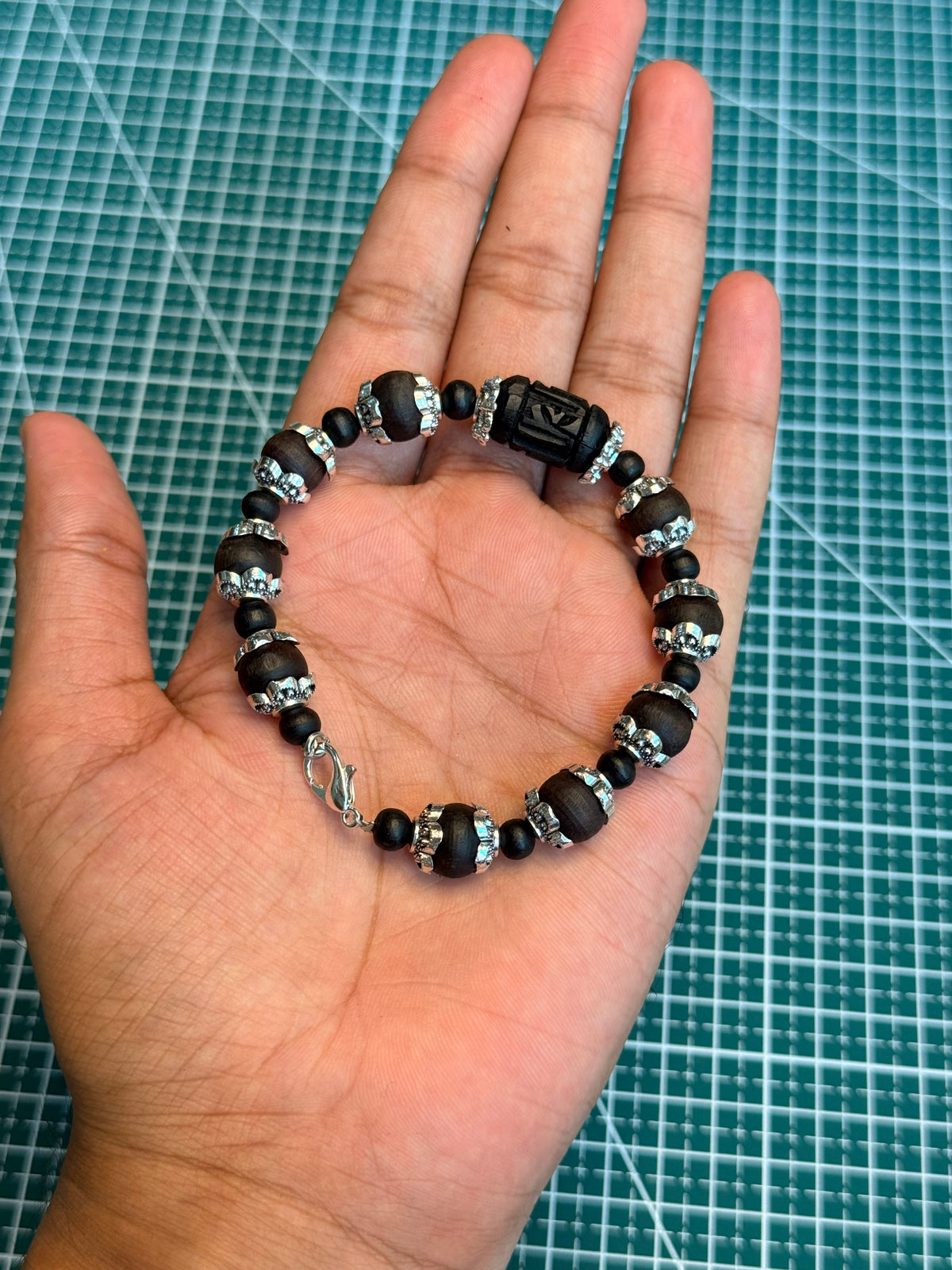 Tulsi Hand Bracelet Black Round Beads & German Silver Caps