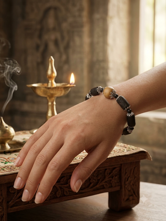 Tulsi Hand Bracelet Black Long Beads & German Silver Caps