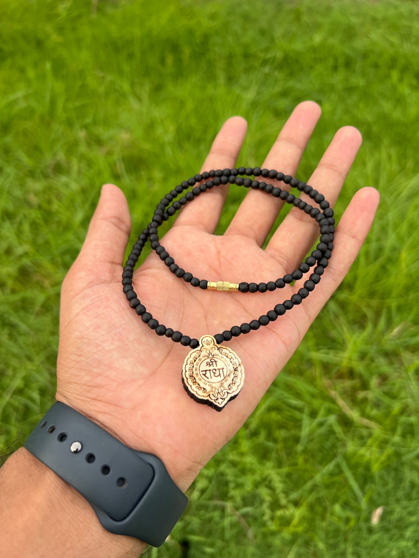 1 Round Radha Name Tulsi Locket & Black Tulsi Beads Kanthi