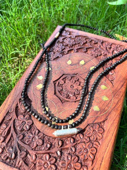 Silver Kavch Fill With Brajraj and Round beads Black Tulsi Kanthi Mala 2 Rounds (32inch )