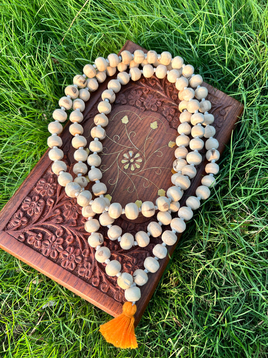 108+1 original Tulsi beads Japa Mala with 10-12mm beads, featuring Radhakund Prasadi, for meditation and spiritual practices.