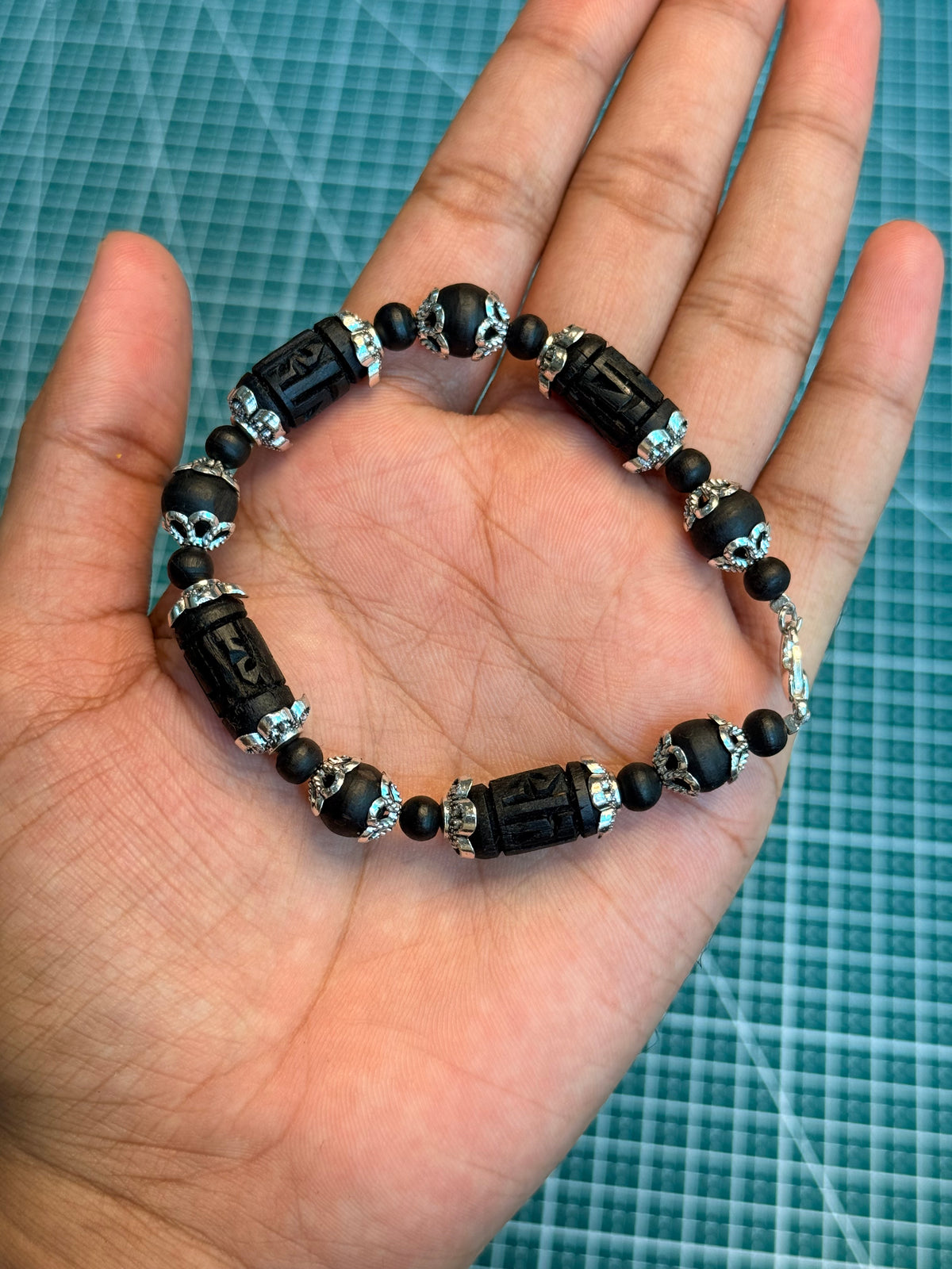 Tulsi Hand Bracelet Black Radha Beads & German Silver Caps