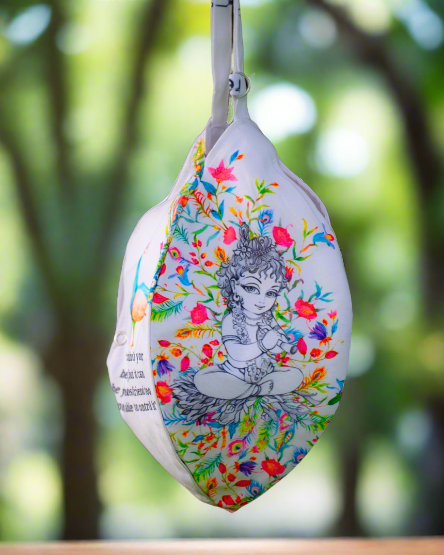 Krishna Printed Japa Mala Bag White