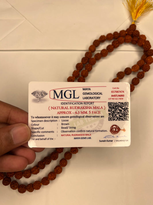 5 Mukhi Natural Rudraksh Mala 6.5mm Rudraksh With Lab Tested Certificate