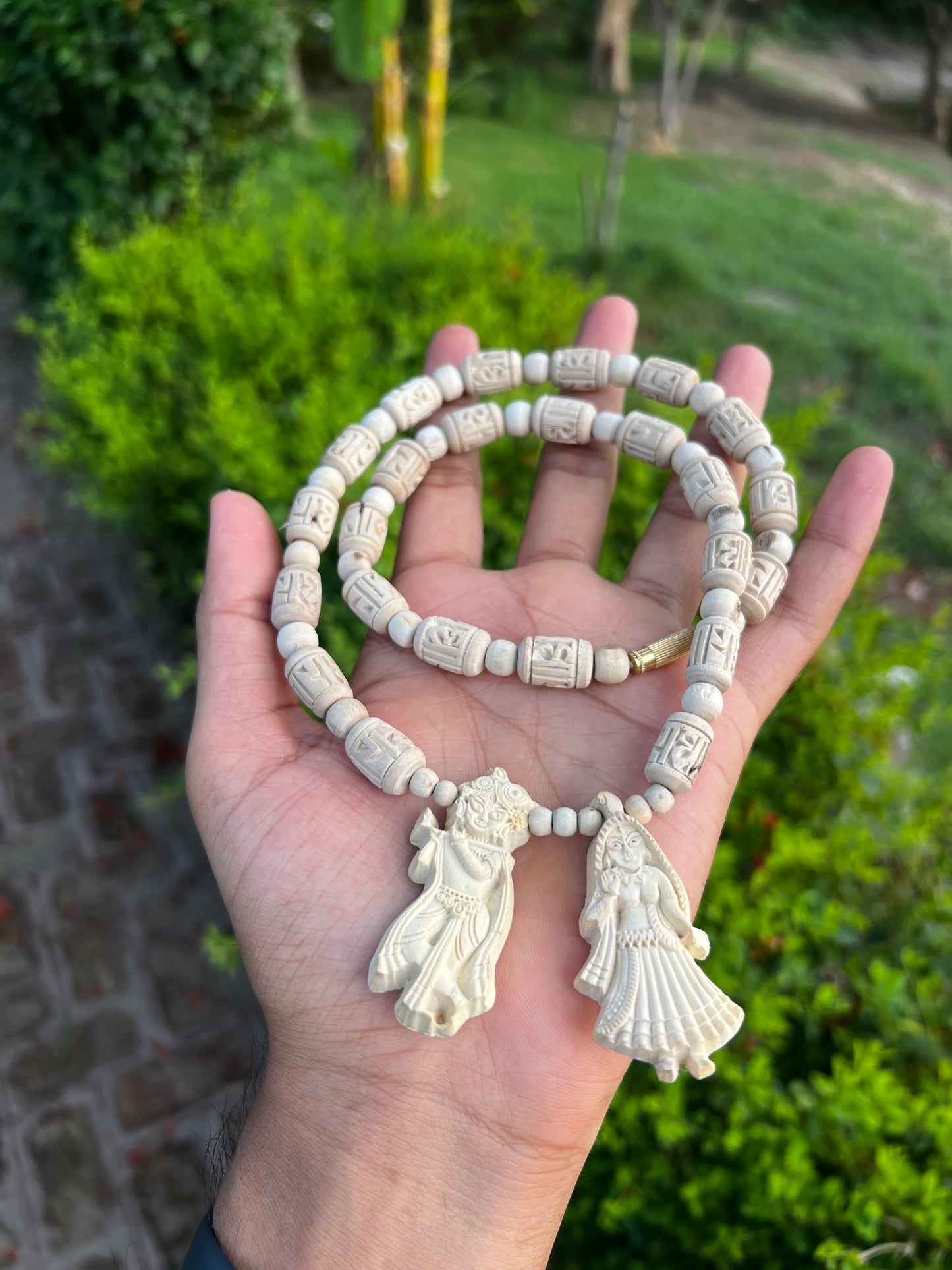 Radhakrishna jugal Jodi handcrafted Locket and radha naam handcrafted tulsi beads (22 inch)