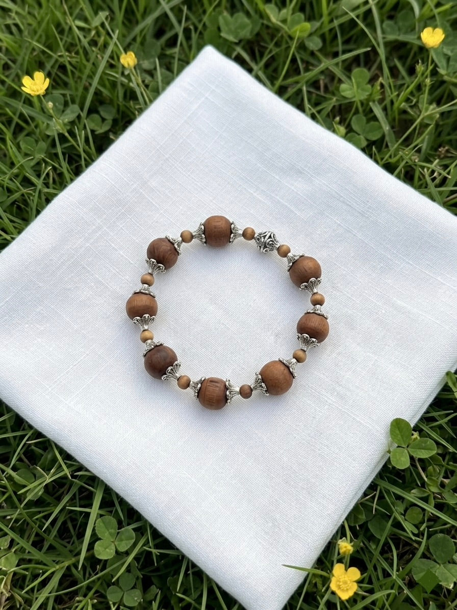 Tulsi Hand Bracelet Round Brown Beads & German Silver Caps