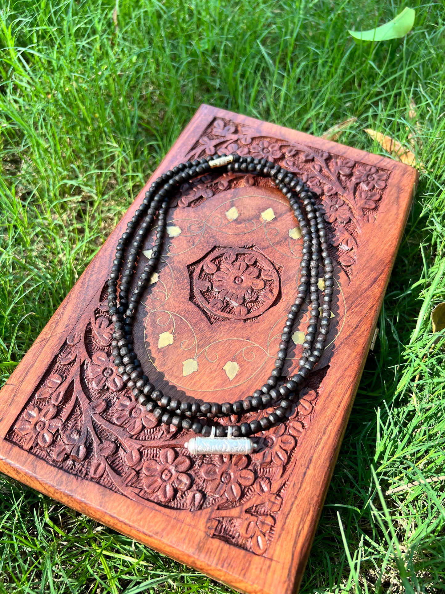 Silver Kavch fill with Brajraj and Black Beads 3 Round Kanthi mala (48inch)