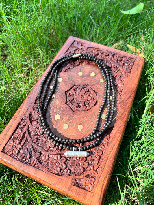 Silver Kavch fill with Brajraj and Black Beads 3 Round Kanthi mala (48inch)