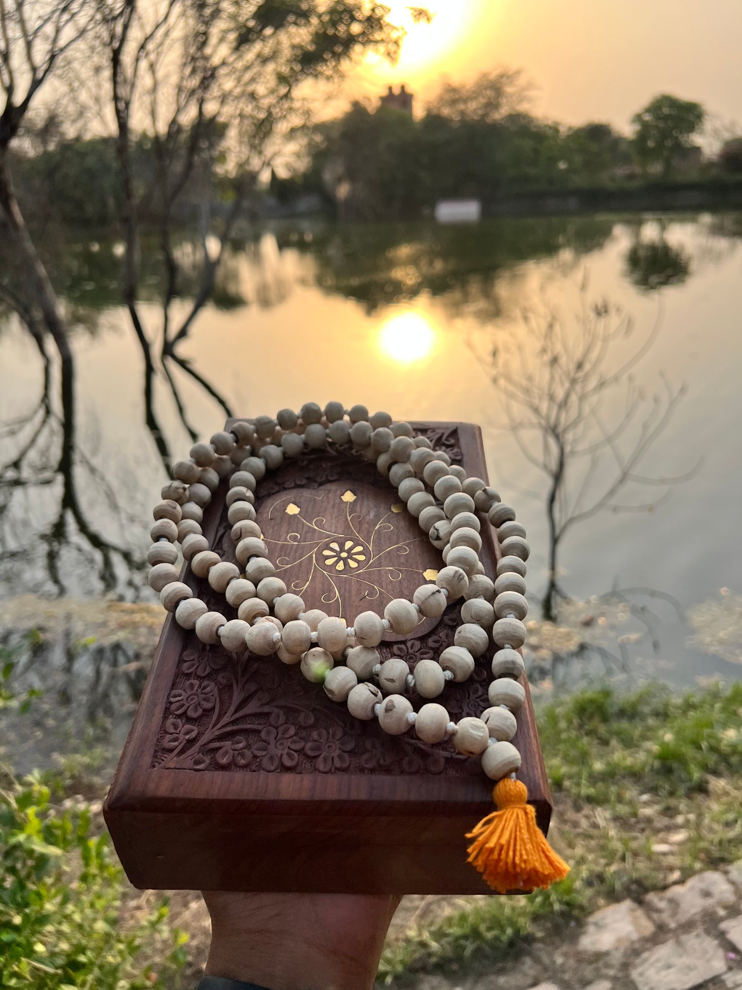 Radhakund Prasadi Tulsi beads Japa Mala with 108+1 original 10mm and 12mm beads, traditional Hindu prayer mala from Tulsi Mala Store