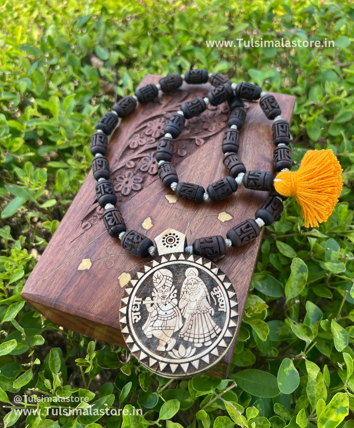 Shri Radha Krishna Tulsi locket and Brown Radha name handcrafted Tulsi beads mala