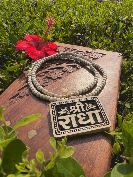 Shri Radha Tulsi Wood Locket Kanthi Mala – Original Tulsi Beads | 20 Inch Spiritual Necklace from Vrindavan