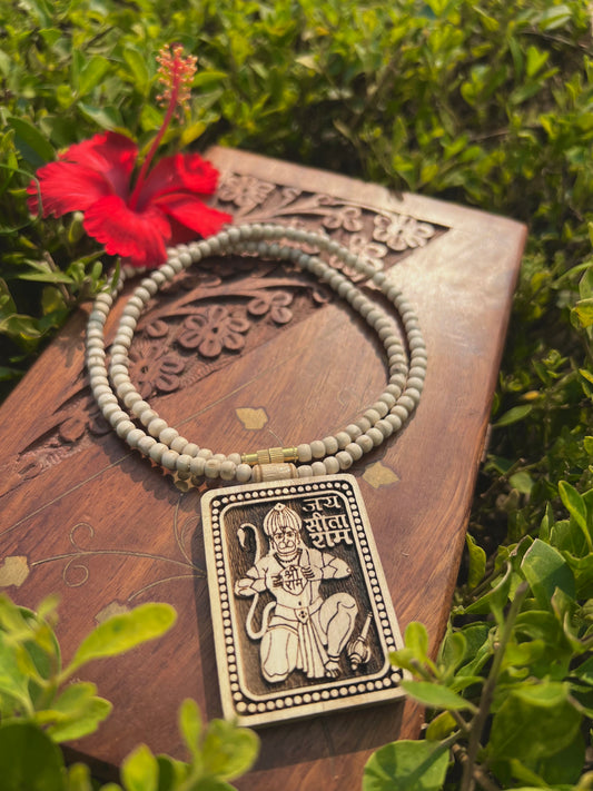 Hanuman Ji Tulsi Wood Locket Kanthi Mala – Original Tulsi Beads | 20 Inch Devotional Necklace from Vrindavan