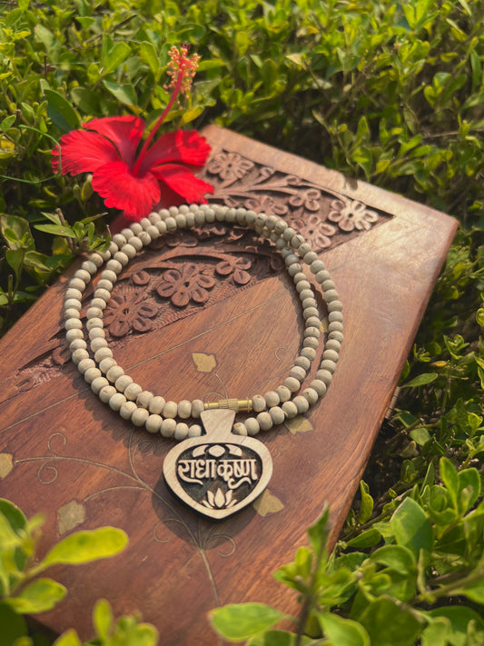 Shri Radha Krishna Tulsi Wood Locket Kanthi Mala – Original Tulsi Beads | 20 Inch Spiritual Necklace from Vrindavan