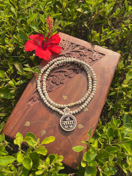 Shri Radha Tulsi Wood Locket Kanthi Mala – Original Tulsi Beads | 20 Inch Spiritual Necklace from Vrindavan