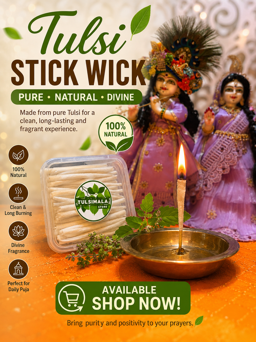 Graphic reading Tulsi Stick Wick — pure, natural, divine, with a lit diya before Radha Krishna deities