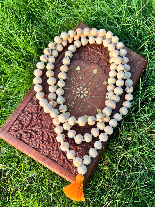108+1 original Tulsi Beads Japa Mala with 10-12mm beads, natural Tulsi seeds, used for meditation and prayer, from Radhakund Prasadi.