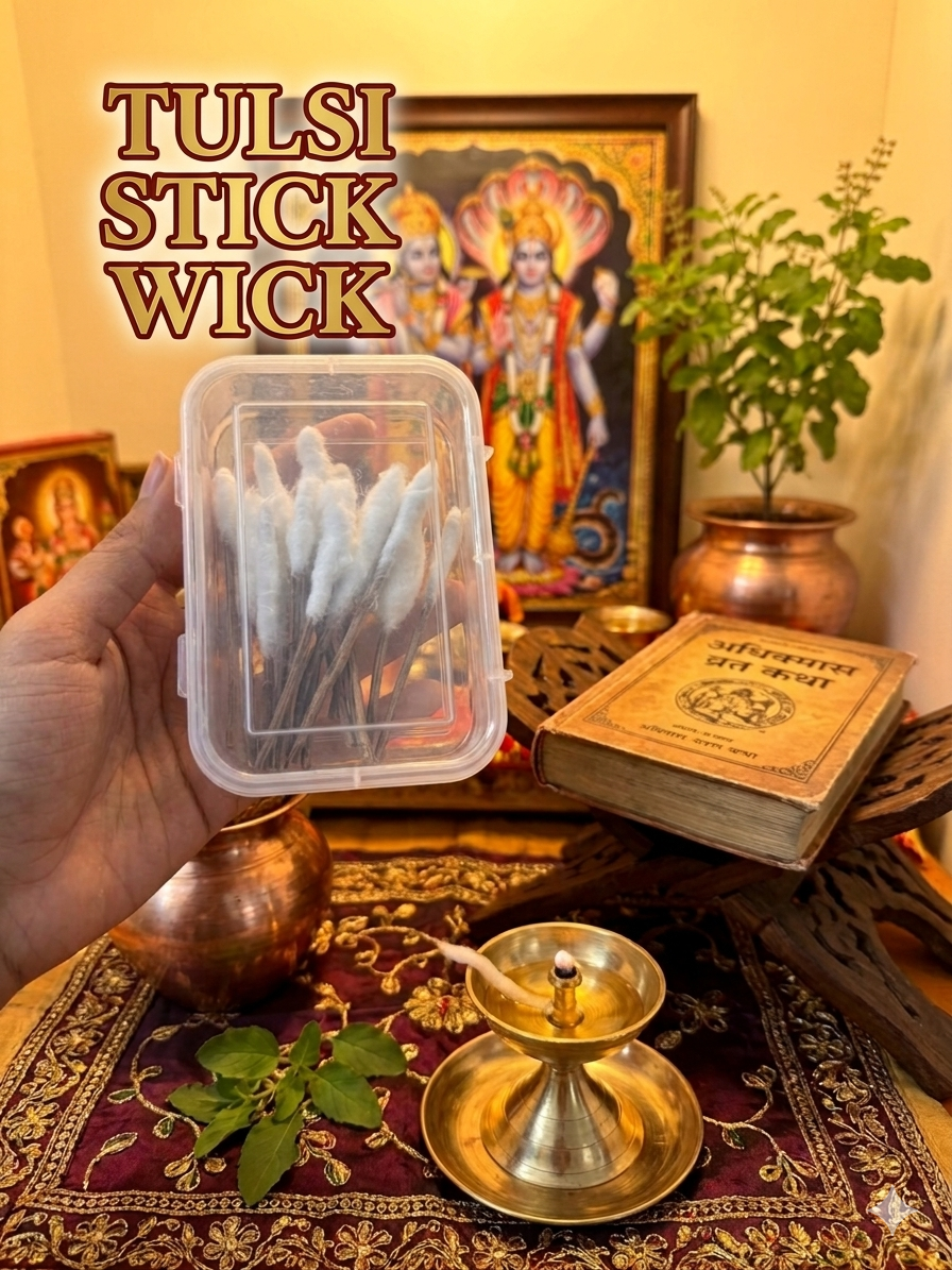 Hand holding a box of tulsi stick wicks before a home altar with tulsi plant and brass diya