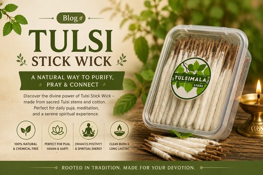 Graphic reading Tulsi Stick Wick — a natural way to purify, pray and connect