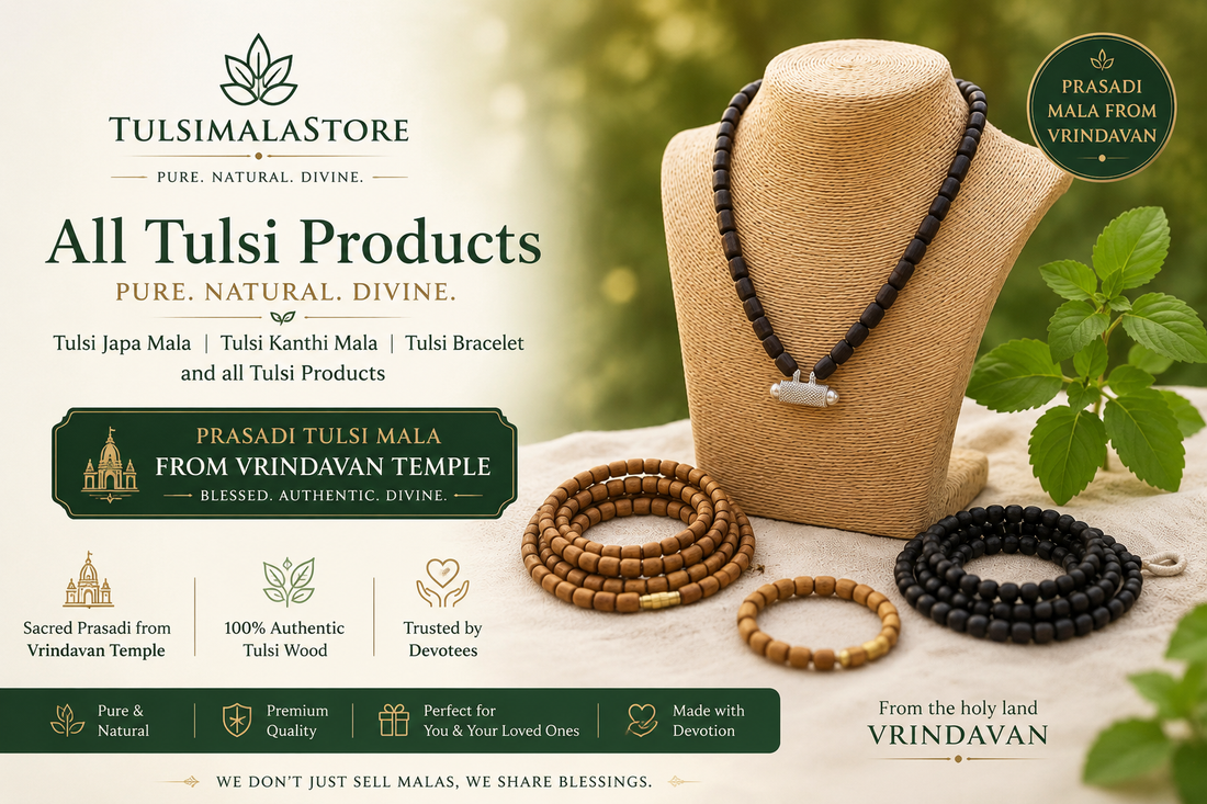 Tulsimalastore banner showing tulsi japa malas, kanthi malas and bracelets from Vrindavan
