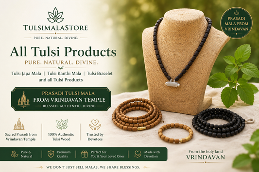 Tulsimalastore banner showing tulsi japa malas, kanthi malas and bracelets from Vrindavan