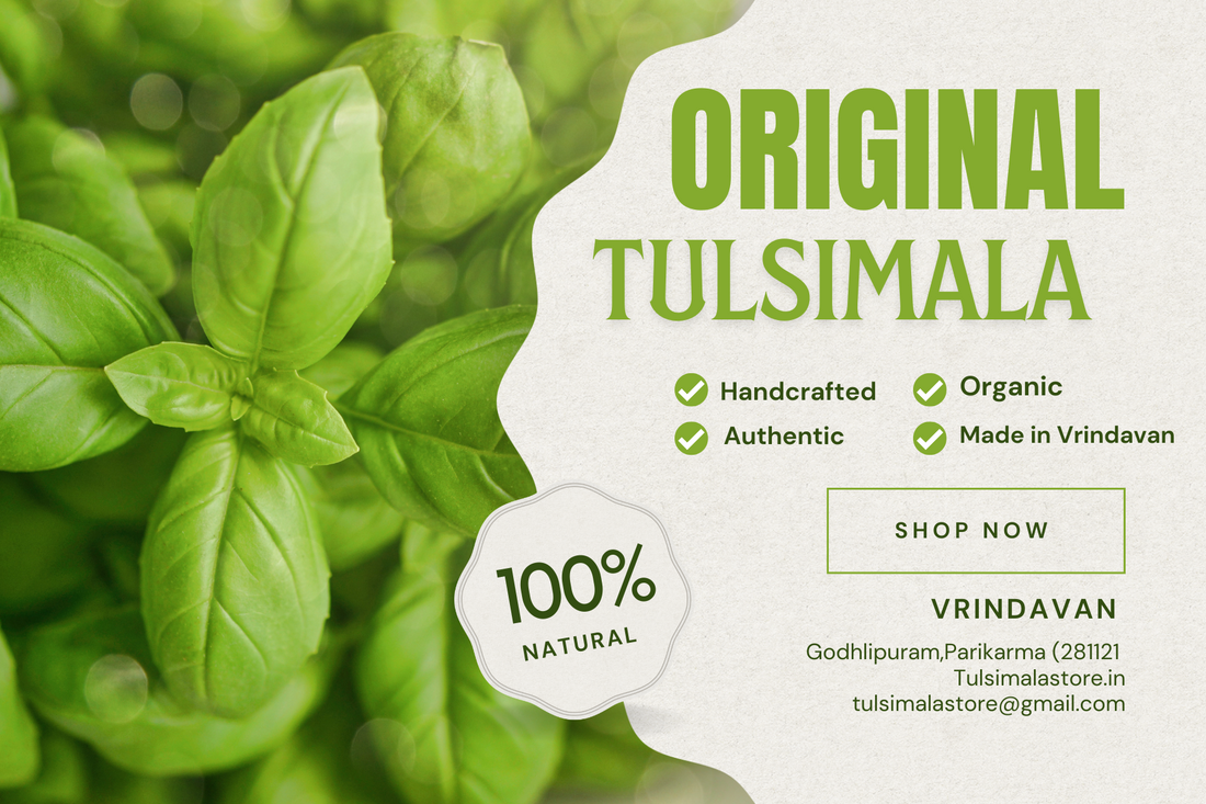 Graphic reading Original Tulsimala — handcrafted, organic, authentic, made in Vrindavan