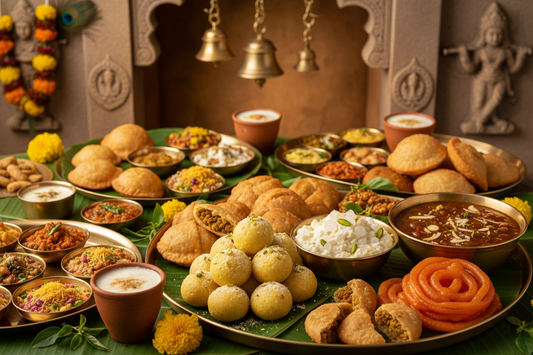 Thali of Vrindavan prasad — laddu, jalebi, kachori and curries — before a shrine