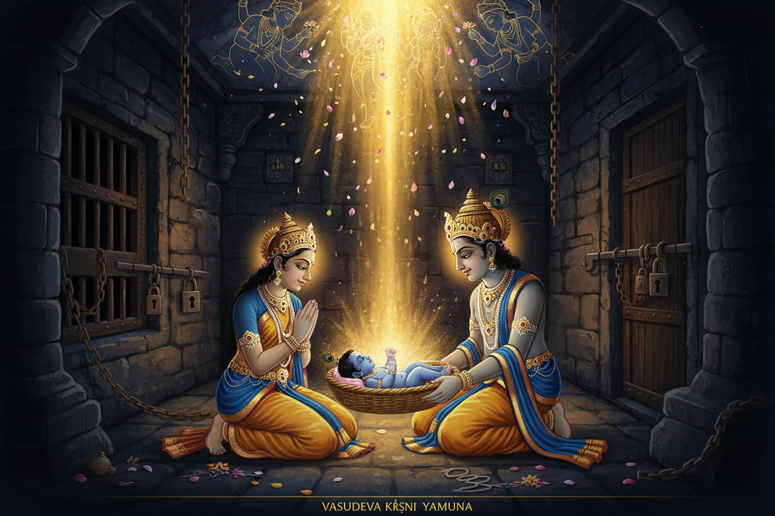 Illustration of Vasudeva carrying the infant Krishna past Devaki in the prison