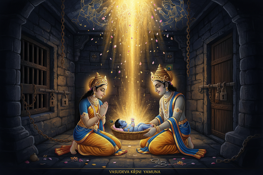 Illustration of Vasudeva carrying the infant Krishna past Devaki in the prison