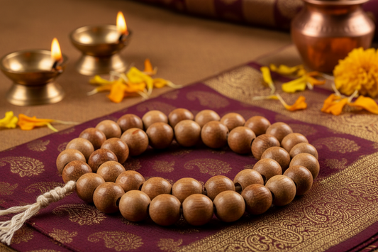 Brown wooden prayer beads on maroon cloth with lit diyas and marigold petals