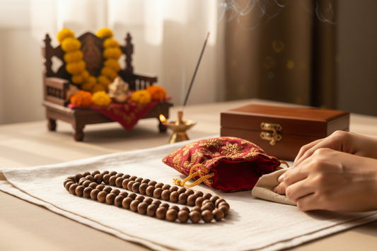 Hands cleaning a tulsi mala on white cloth beside a home altar and storage box
