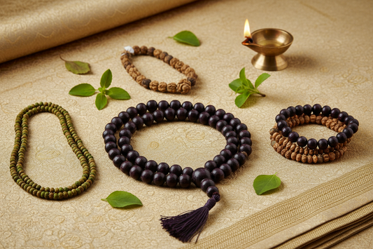 Several malas side by side — green, dark, brown and wrist sizes — with tulsi leaves