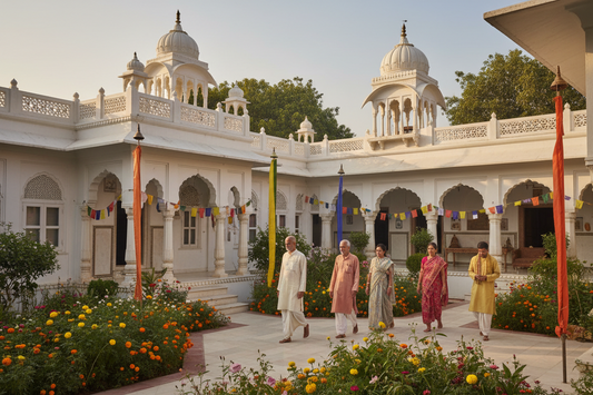 Guesthouse courtyard in Vrindavan with flowering garden and guests in traditional dress
