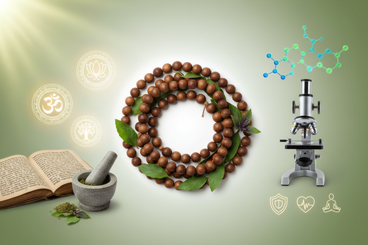 Graphic pairing a tulsi bead mala with a microscope, molecule diagram and Ayurvedic texts