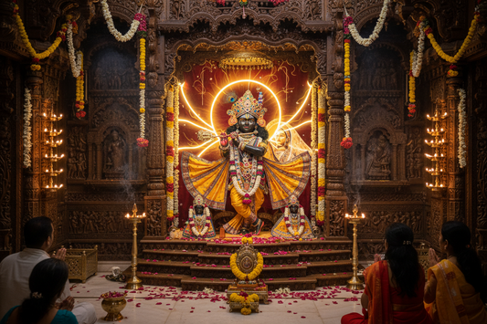 Radha Vallabh deity on a garlanded altar with oil lamps and devotees at darshan