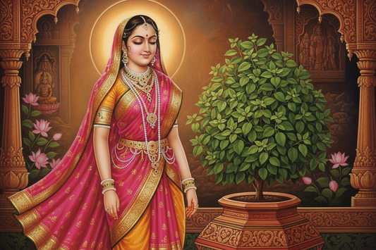 Painting of Radha Rani standing beside a tulsi plant in a temple courtyard