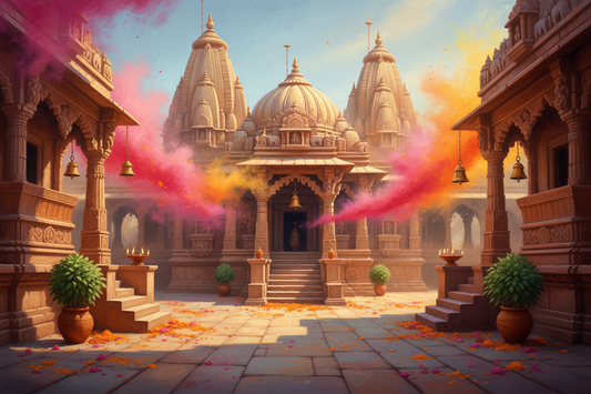 Illustration of a Braj temple courtyard filled with clouds of Holi colour