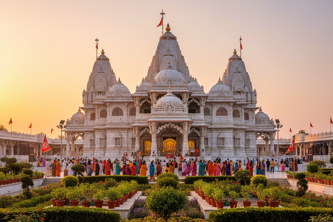 White marble ISKCON temple in Vrindavan at dusk with crowds in the garden courtyard