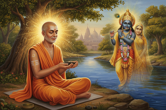 Painting of Gopala Bhatta Goswami by the river as Radha and Krishna appear before him
