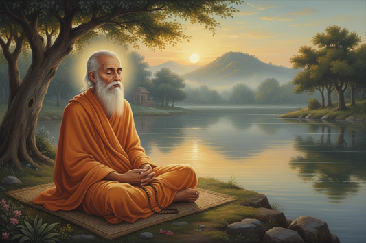 Painting of Raghunatha Das Goswami meditating beside a lake at sunrise