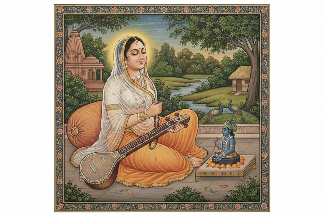 Painting of Mirabai playing the tanpura before a small Krishna deity
