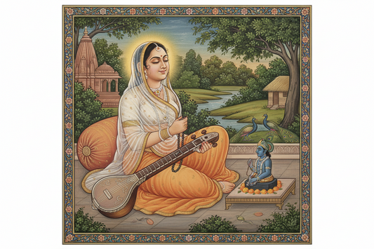 Painting of Mirabai playing the tanpura before a small Krishna deity