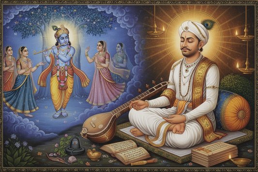 Painting of Narsinh Mehta with a stringed instrument, Krishna and the gopis above