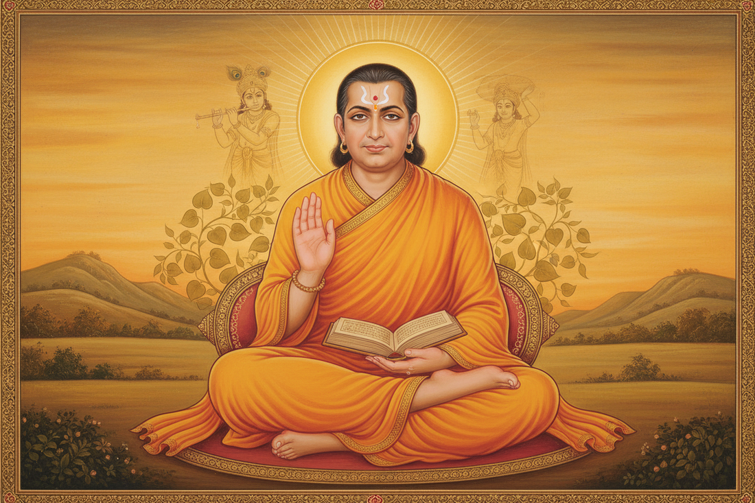 Painting of Vallabhacharya seated with a scripture, hand raised in blessing
