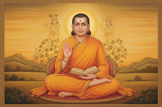 Painting of Vallabhacharya seated with a scripture, hand raised in blessing
