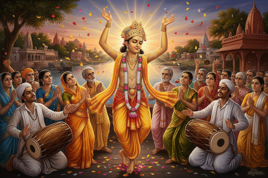 Painting of Chaitanya Mahaprabhu with arms raised in kirtan among devotees with mridangas
