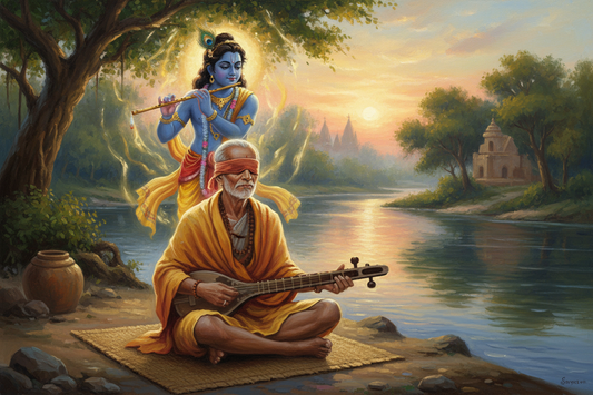 Painting of the blind poet Surdas playing a stringed instrument as Krishna plays the flute behind him