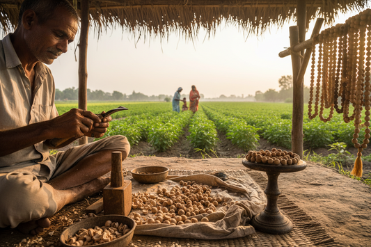 Artisan shaping tulsi beads by hand under a thatched shelter beside a tulsi field